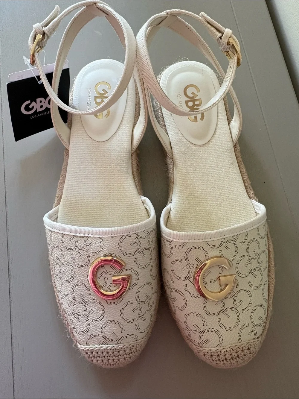 GBG Los Angeles Cream Espadrille Wedge Sandals with Gold G Emblem